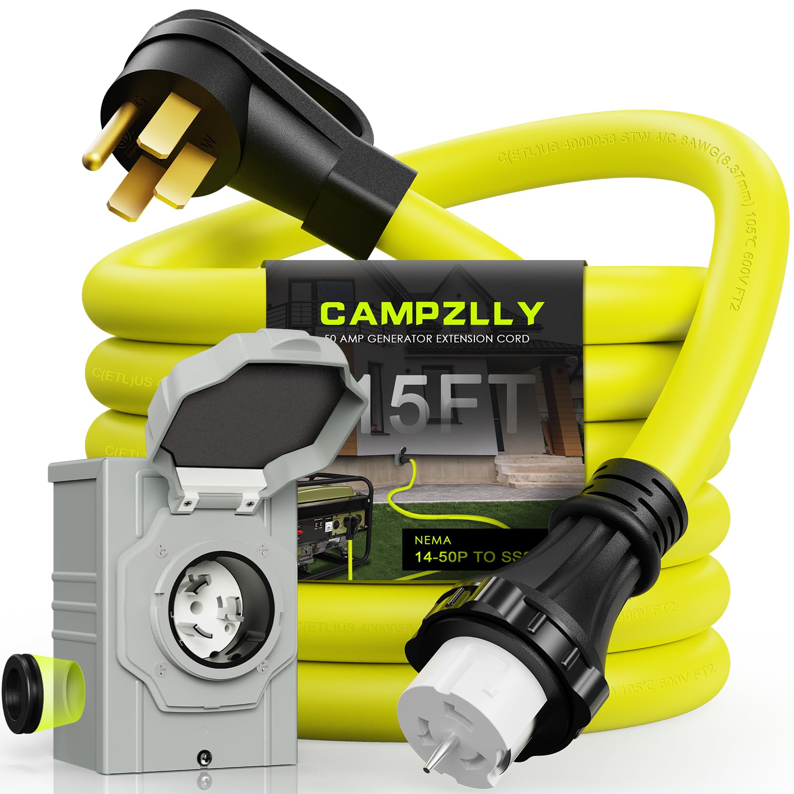 Amazon.com : Campzlly 50 Amp Generator Cord 15FT and Power Inlet